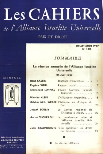 Les Cahiers de l'Alliance Israélite Universelle (Paix et Droit).  N°110 (01 juil. 1957)